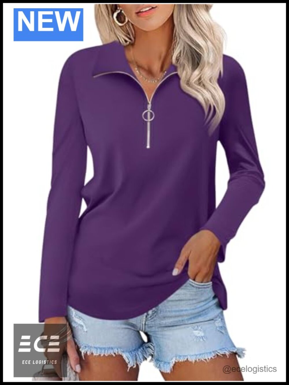 Womens Long Sleeve 1/4 Zip Pullover V Neck Collared Top Casual Work Shirt